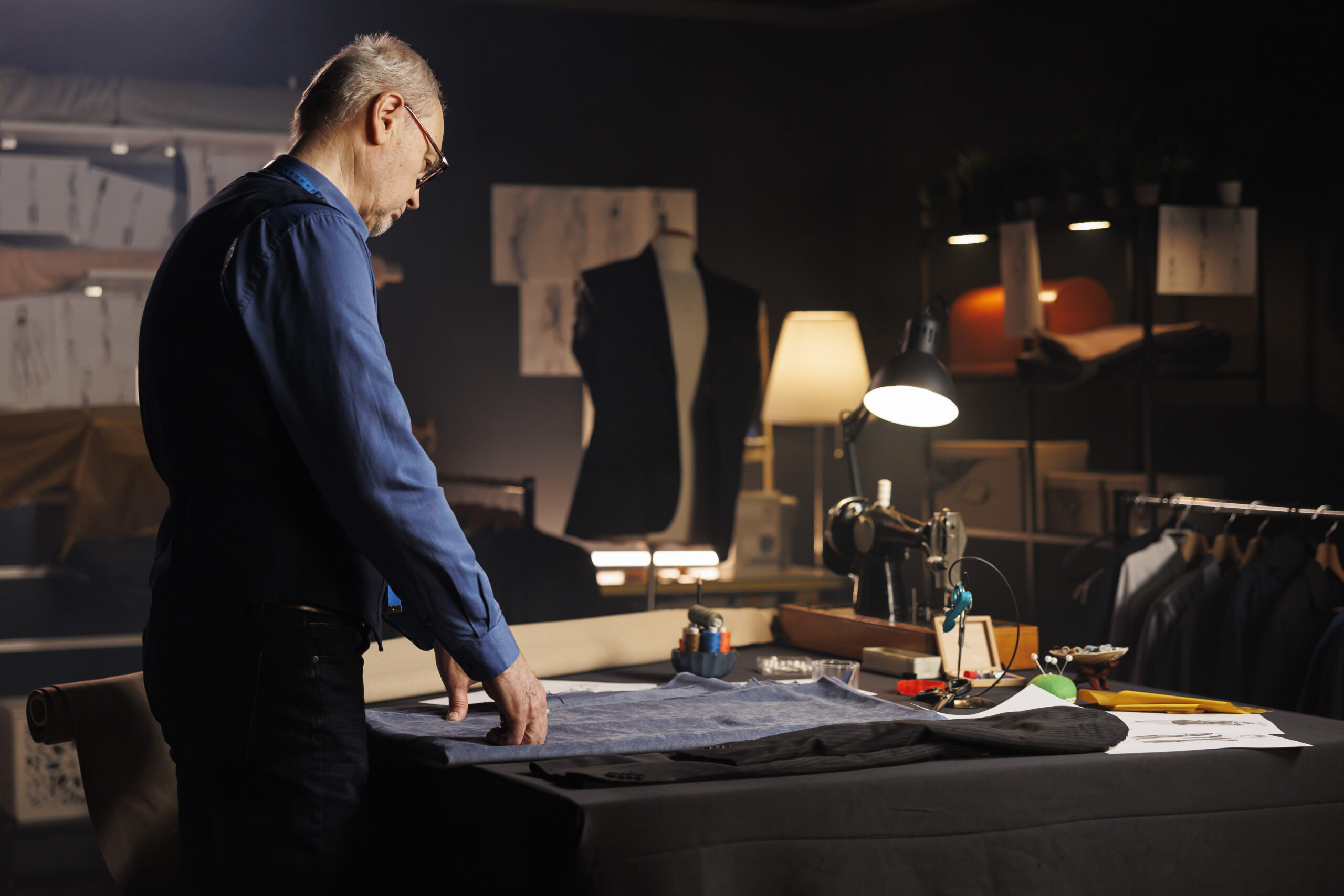 Elderly expert suitmaker alone in professional tailoring studio, designing upcoming fashion collection. Senior craftsman in atelier shop workspace manufacturing premium quality clothing